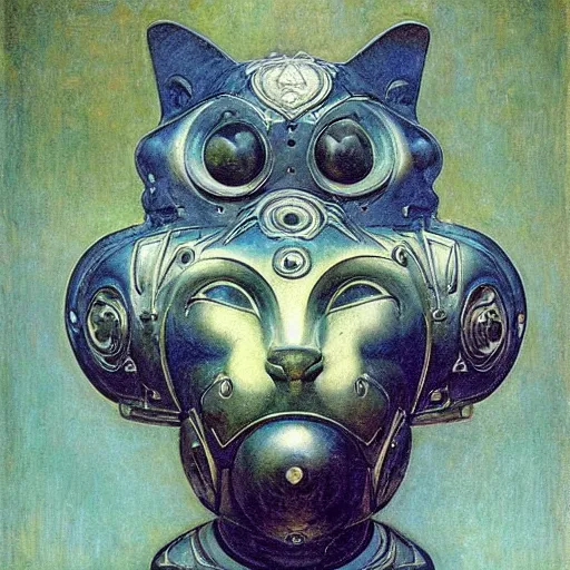Image similar to beautiful ornate mechanical robot cat head, by annie swynnerton and diego rivera and nicholas roerich and jean delville, symbolist, dramatic lighting, god rays, elaborate geometric ornament, art brut, colors are soft greens and blues and purple, smooth, sharp focus, extremely detailed, adolf wolfli and ( donato giancola )