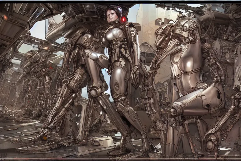 Prompt: comic book illustration, character sheet, a cyborg pilot in the cockpit of a battle droid, intricate machinery, biomechanics, the ghosts in the machine, cyberpunk concept art by artgerm and Guy Denning and Moebius and Alphonse Mucha, highly detailed, intricate, sci-fi, sharp focus, Trending on Artstation HQ, deviantart