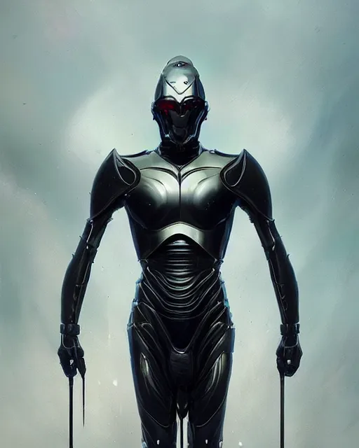 Image similar to iridescent sinewy smooth muscular male sleek glossy black pearlescent scifi armor with smooth black featureless helmet, by greg rutkowski, mark brookes, tom bagshaw, magali villeneuve, trending on artstation