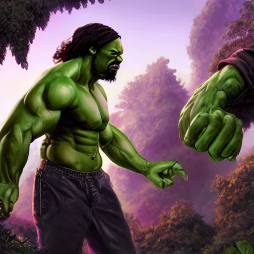 Prompt: snoop dog as hulk fights giant ganja plant, highly detailed, concept art, art by wlop and artgerm and greg rutkowski, masterpiece, trending on artstation, 8 k