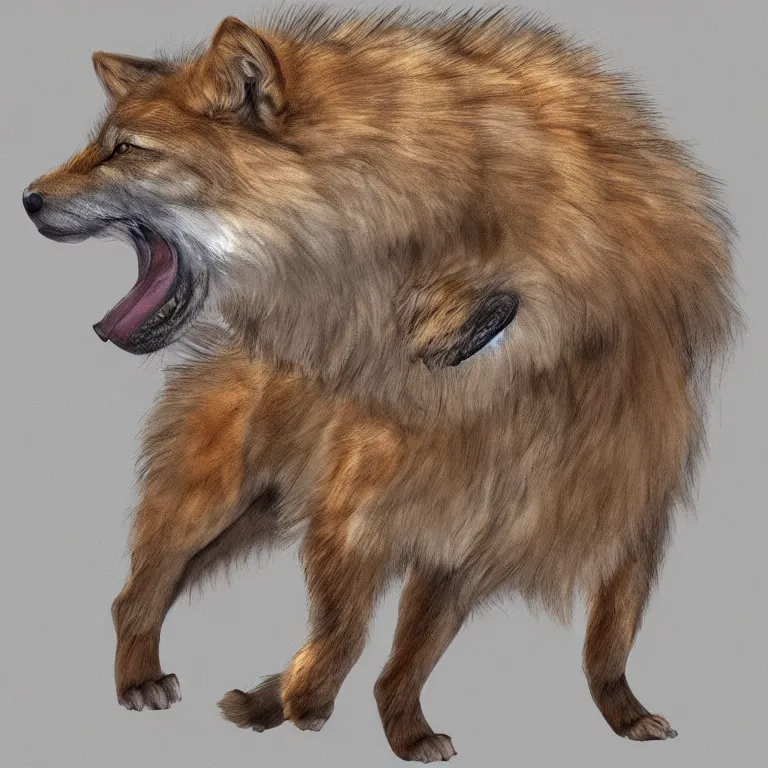 Image similar to professional full - body digital art of the entire side view of a slightly fluffy light tan tibetan wolf with light brown accents, hd, highly detailed, high quality, wild, nature