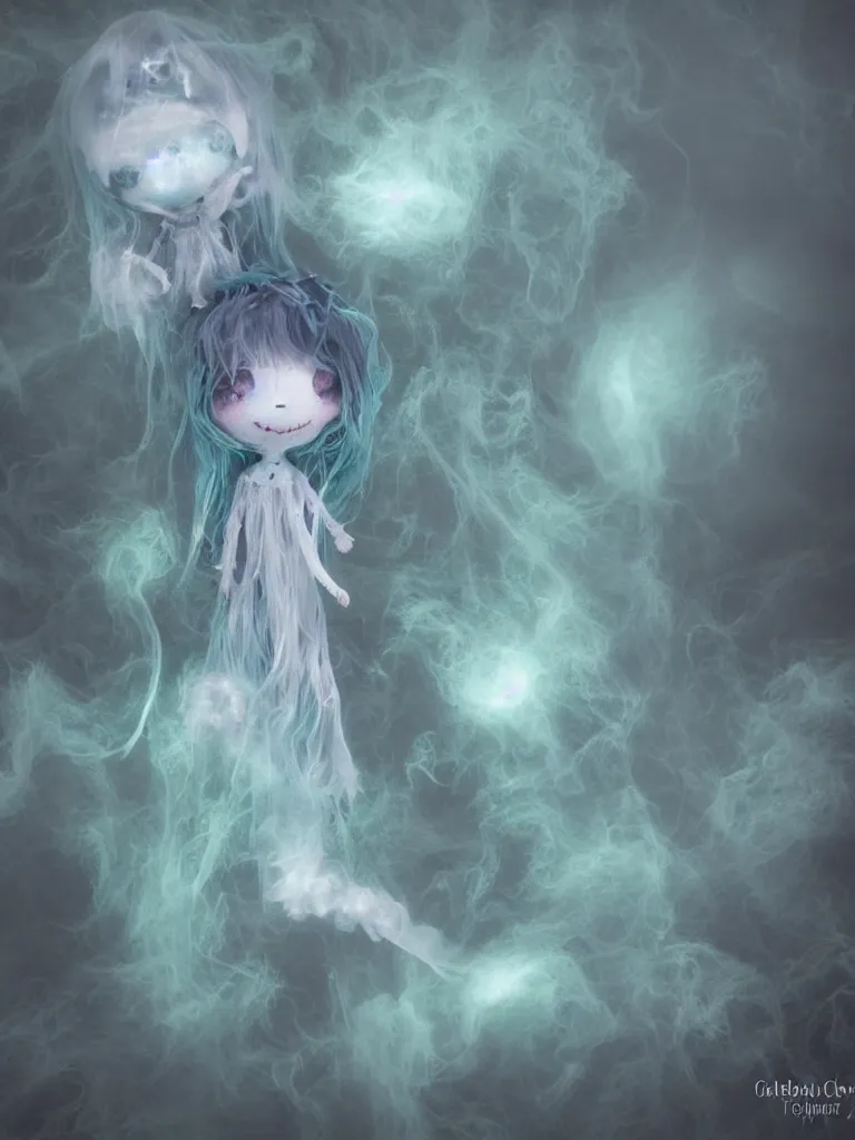 Image similar to cute fumo plush smiling ectoplasmic jellyfish ghost girl waving in deep fog over mysterious waters, patchwork doll chibi gothic maiden in tattered melting rags, glowing wisps of hazy green smoke and eerie blue volumetric fog swirling about, moonlight, glowing lens flare, black and white, vray