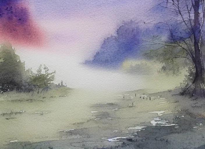 Prompt: A detailed watercolor painting of misty morning landscape, detailed, ballpoint pen ink combined with watercolor