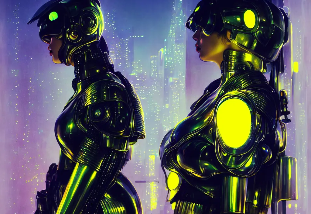 Prompt: portrait of futuristic armor ploice girl, metallic black and yellow color wardrobe, in cyberpunk lights shibuya japan reflected night, ssci - fi, neon light and fantasy, intricate and beautiful, highly detailed, concept art, smooth and sharp focus, illustration, art by tian zi and wlop and alphonse mucha