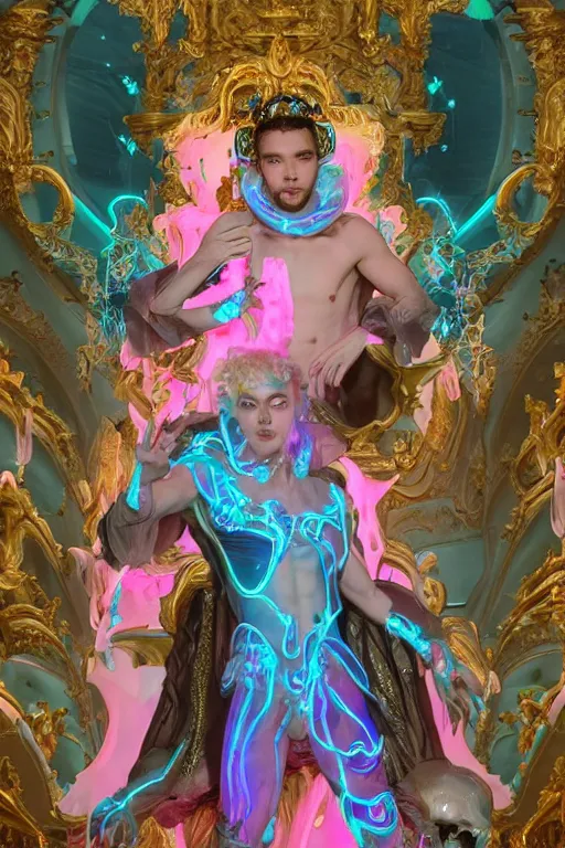 Image similar to photo of full-body rococo and cyberpunk delicate neon crystalline sculpture of ((handsome muscular onyx albino prince Liam Payne)) as an blue iridescent humanoid deity wearing ((peach plastic hooded cloak)) (holding an onyx skull) in a onyx castle dungeon, reclining, glowing pink face, crown of (pink lasers), large blue diamonds, swirling black silk fabric. futuristic elements. oozing glowing liquid, full-length view. space robots. intricate artwork by caravaggio. Trending on artstation, octane render, cinematic lighting from the right, hyper realism, photorealistic, octane render, 8k, depth of field, 3D