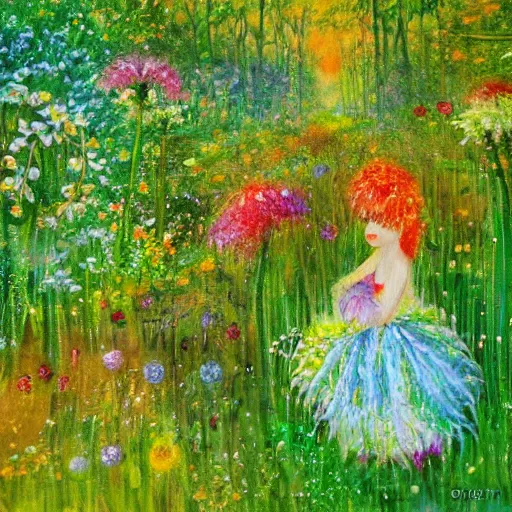 Prompt: tiny fairies playing hide and seek in a dense floral forest, green, colourful, playful, impressionism