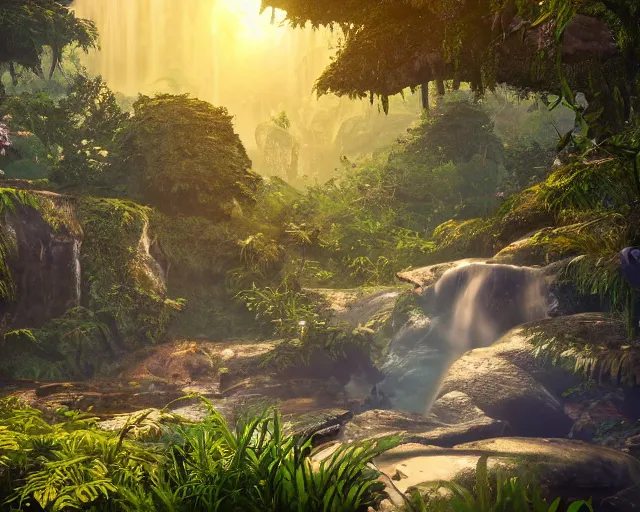 Prompt: beautiful jungle environment, waterfall, high trees, flowers, sunset, mystic, unreal engine 5, global illumination, mountains in the background, raytracing, 8 k, hyper realistic, trending on artstation