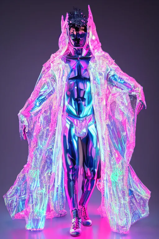 Image similar to full-body rococo and cyberpunk delicate crystalline sculpture of a muscular iridescent slender Latino male as a humanoid deity wearing a thin see-through plastic hooded cloak sim roupa, posing like a superhero, glowing pink face, crown of white lasers, large diamonds, swirling black silk fabric. futuristic elements. oozing glowing liquid, full-length view. space robots. human skulls. throne made of bones, intricate artwork by caravaggio. Trending on artstation, octane render, cinematic lighting from the right, hyper realism, octane render, 8k, depth of field, 3D