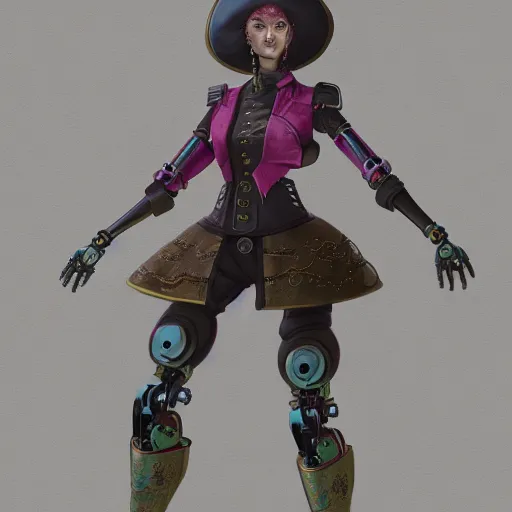 Prompt: detailed full body concept pastel painting of a female pirate robot in beautifully designed clothing, octane render, 4k, micro detail