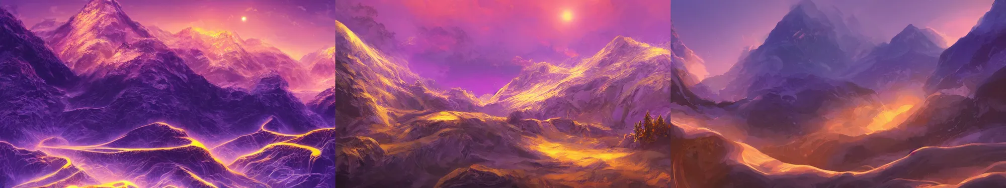Prompt: landscape, gold pipelines, snow mountains, purple sunset. fantasy, digital painting, hd, detailed.