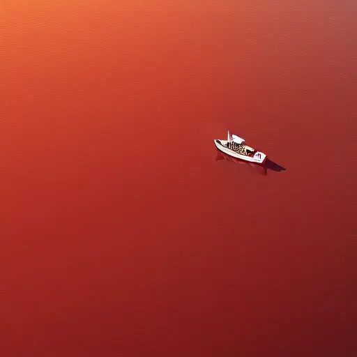 Prompt: a lonely boat floating in the turbulent red ocean, tsunami, fierce huge waves, dangerous depressing atmosphere, dark tone, illustration, aerial view, evil, artstation, octane render