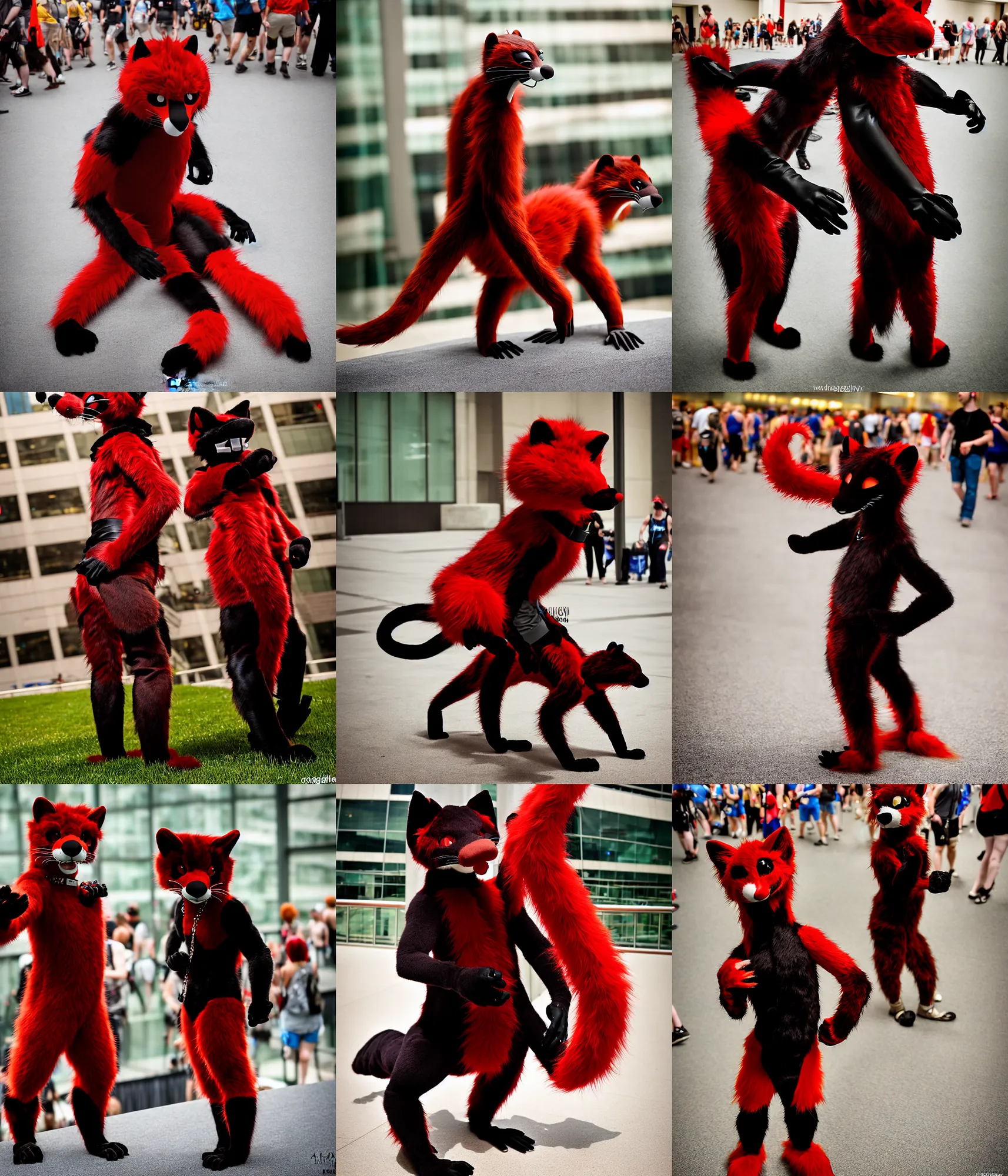 Image similar to fullbody photoshoot photo portrait of a roguish male red - black furred weasel furry fursuiter ( tail attached ), taken at anthrocon ( furry convention )