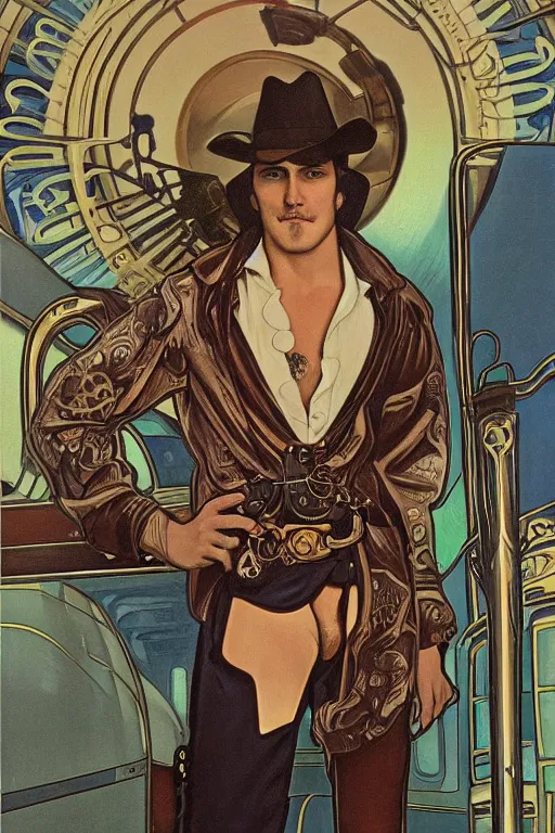 Prompt: a dramatic ethereal epic symmetrical painting of a handsome villainous cowboy standing in front of railroad tracks with a train locomotive | his shirt is unbuttoned and he has a pocketwatch | tarot card, art deco, art nouveau, ( steampunk ), homoerotic, realistic | by ( ( ( ( alphonse mucha ) ) ) and rolf armstrong | trending on artstation