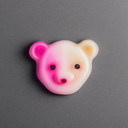 Prompt: professional food photgraphy of pink gummy bear, studio lighting, white background, 8 k photorealistic