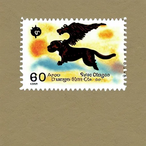 Prompt: sausage dog riding a griffon, through the clouds on a postage stamp, artistic rendering, 4 k high rez, abstract design, stary night sky