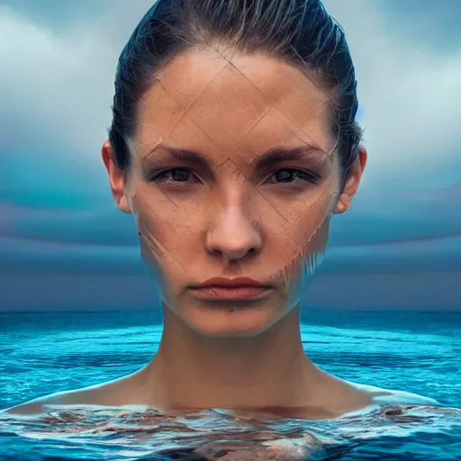 Image similar to water artwork manipulation in the shape of a human head, on the ocean water, futuristic style, hyper realistic, ray tracing, realistic water, sharp focus, long shot, 8 k resolution, cinematic, photoshop water art