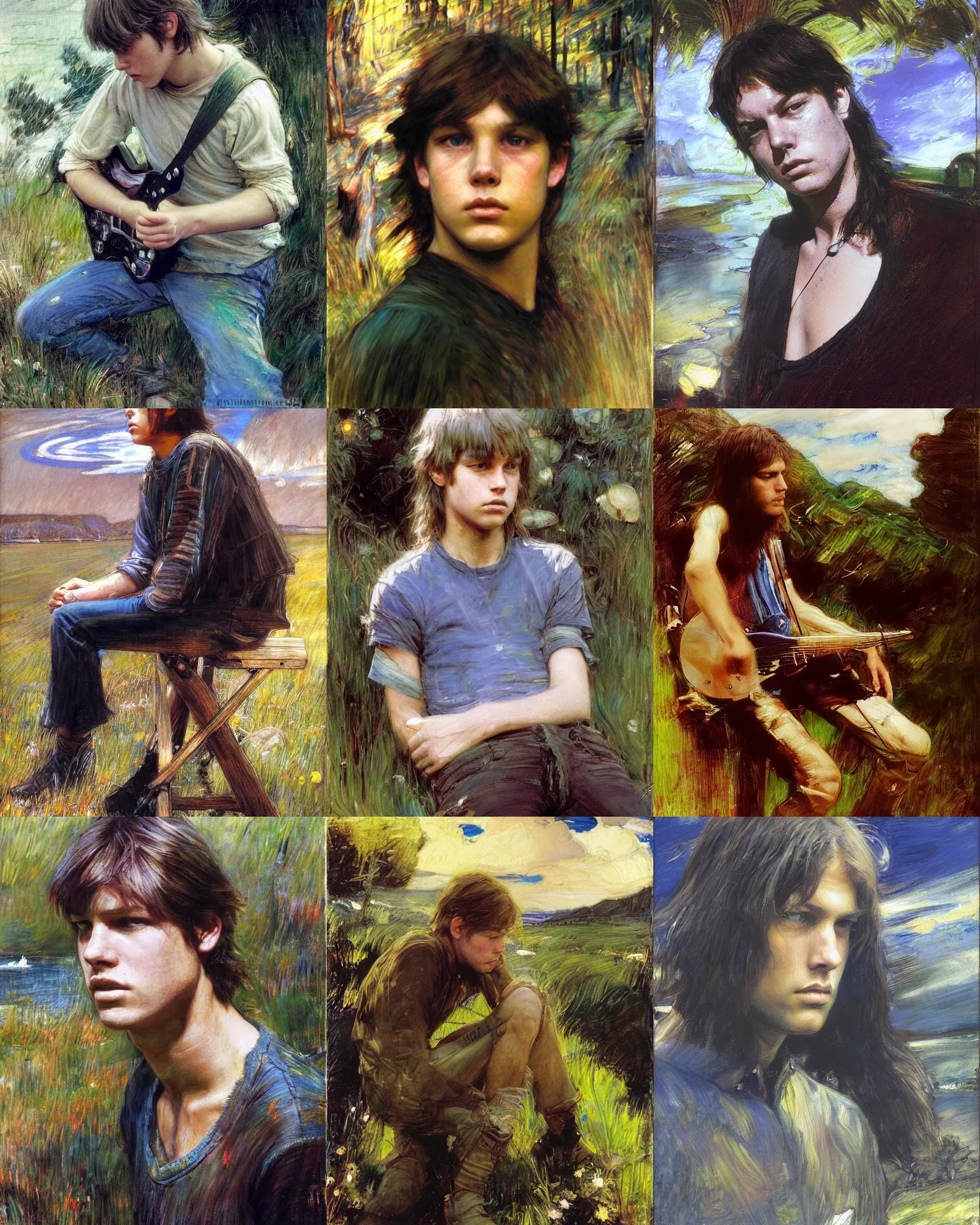 Prompt: young david gilmour looking down dramatic expression, psychedelic plein air portrait painting by richard schmid, john william waterhouse, thomas moran, studio ghibli, donato giancola,