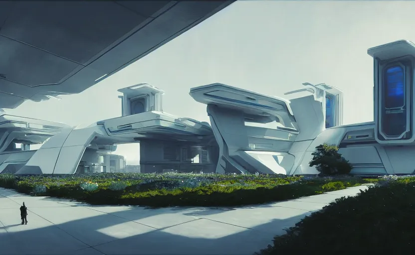 Image similar to painting of a wide angle exterior shot of a white modern futuristic cyberpunk architecture in the middle of an english garden with cinematic lighting by peter zumthor and renzo piano, darek zabrocki and greg ruthkowski, alphonse mucha, simon stalenhag and cinematic and blue cold atmospheric, archillect concept art, artstation, trending on artstation