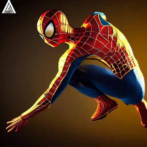 Image similar to gold spider - man suit with black web lining, cinematic, volumetric lighting, realistic, hyperdetailed, photorealistic, photograph