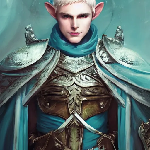 Image similar to half length portrait of a handsome male snow elf in a turquoise cape and silver ornate armour as an archer, albino skin, winter vibes, perfect face, elegant, very coherent symmetrical artwork, atmospheric lighting, rule of thirds, by wenjun lin, krenz cushart, charlie bowater, trending on artstation