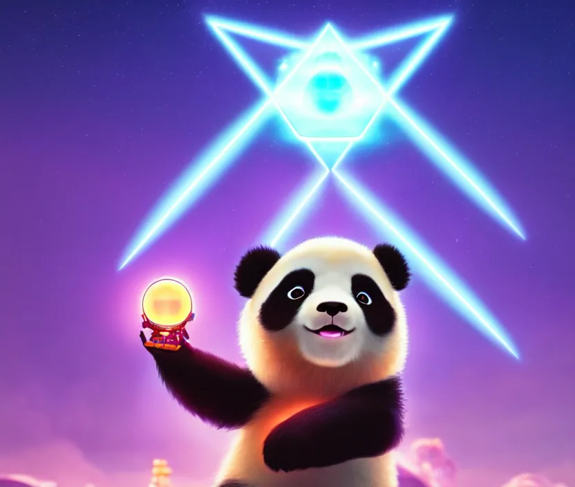 Prompt: a wholesome key shot of a cute panda holding a glowing tesseract, an alien space ship up in the sky at the background, low shot angle, studio ghibli, pixar and disney animation, sharp, rendered in unreal engine 5, anime key art by greg rutkowski and nixeu, full bloom, vibrant lighting
