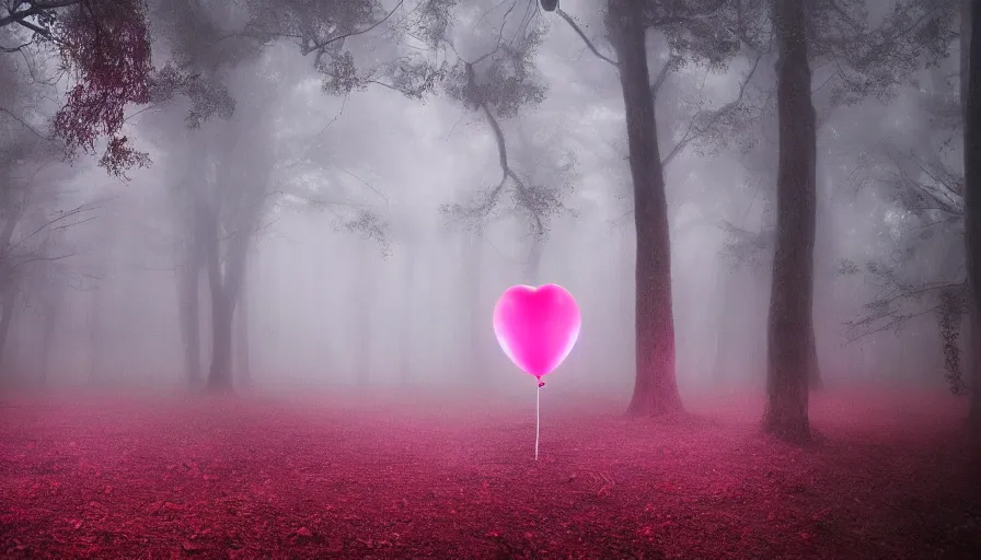 Image similar to A bright pink balloon shaped like a unicorn floats lonely through a dark foggy Forest, Digital Art, Photorealism, Hyper Realistic, Hyperdetailed, Movie Screenshot, iMAX Quality