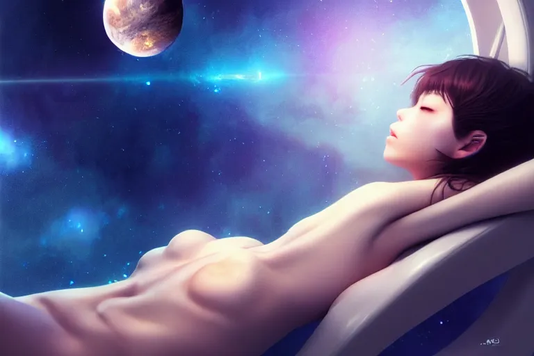 Image similar to a dreaming dreamer floating on the space, full body, occlusion shadow, specular reflection, rim light, unreal engine, octane render, artgerm, artstation, art by hiroaki samura, high quality, intricate detailed 8 k, dreamy illustration, extremely beautiful and aesthetic shape of face and body, movie poster