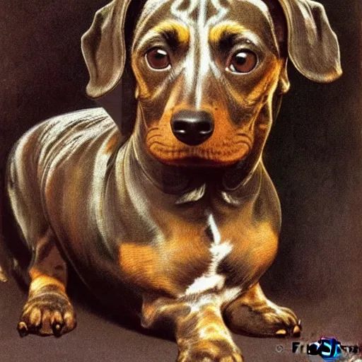 Prompt: portrait of a brindle dachshund, salt and pepper hair, soft hair, d & d, muscular, fantasy, intricate, elegant, highly detailed, smooth, sharp focus, illustration, art by frank frazetta and alphonse mucha