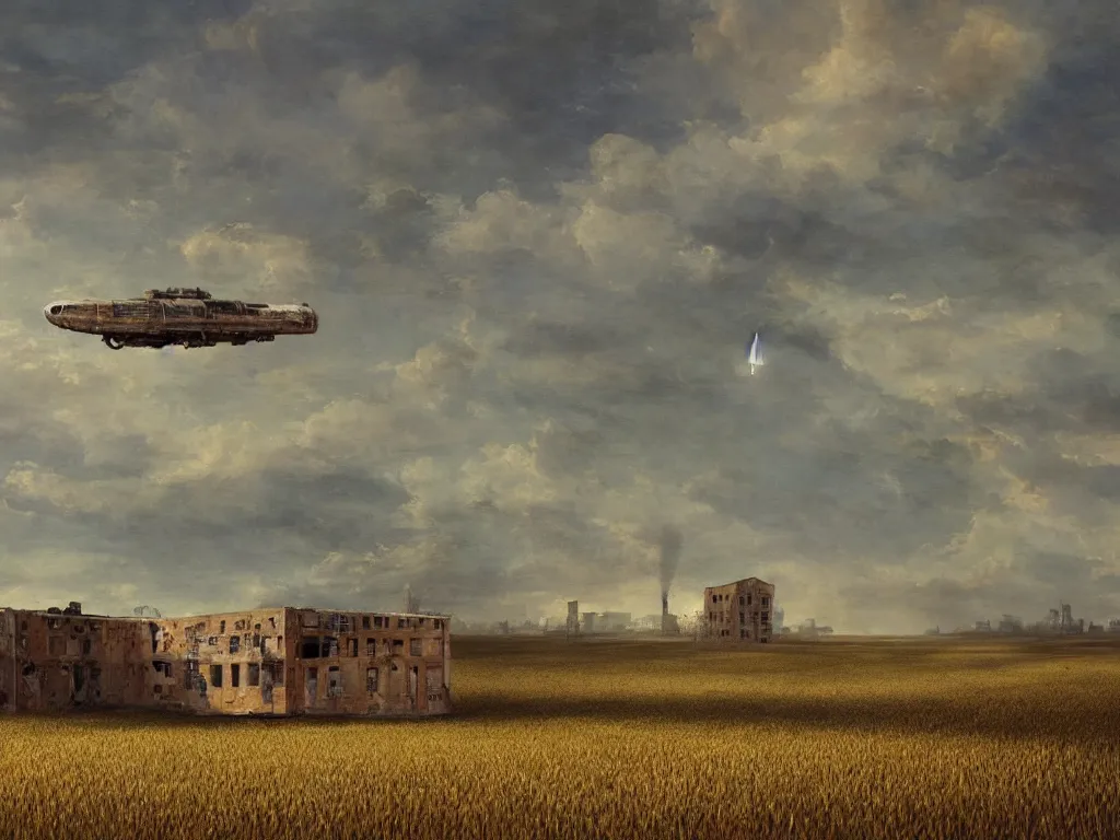 Image similar to A fantastic painting of a dilapidated post-modern building on a wheat field with an abandoned spaceship parked on the roof of the building, by Mat Collishaw, Trending on artstation, very detailed