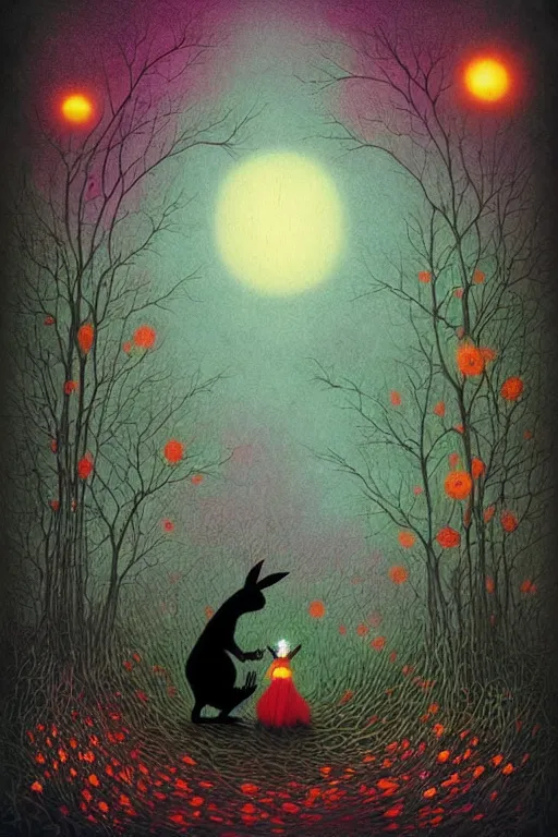 Image similar to surreal, evil black rabbits, fantasy, fairytale, magic realism flowerpunk, mysterious, vivid colors, by andy kehoe
