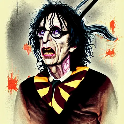 Image similar to graphic illustration, creative design, harry potter as alice cooper, biopunk, francis bacon, highly detailed, hunter s thompson, concept art