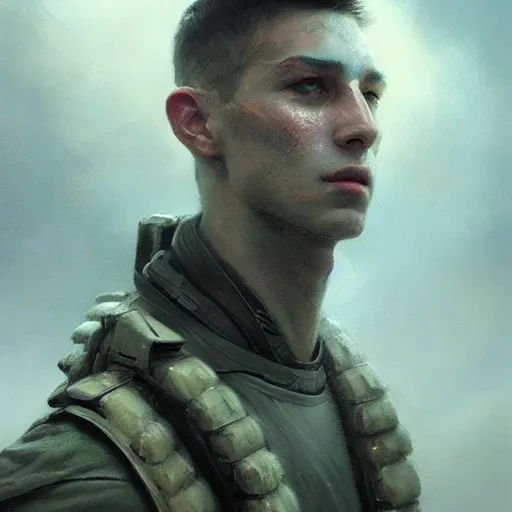 Image similar to a dramatic epic ethereal portrait of a futuristic soldier, young male, detailed face, cinematic lighting, highly detailed oil on canvas painting by Greg Rutkowski, winning-award digital art trending on Artstation H 1024 W 832