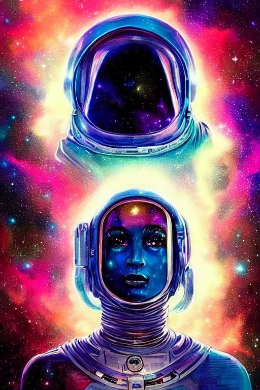 Image similar to portrait of jewel djinn astronaut with nebula background in the style of Rob Lefield and Dan Mumford , trending on artstation, digital art,surrealism ,macro,blueprint ,vaporwave ,