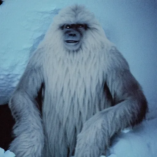 Prompt: camera footage of a yeti in an ice cave, 4. 6 meters tall, muscular, with gray skin, discolored fur, a pronounced brow ridge, flared nostrils, and a curved crest on its forehead.