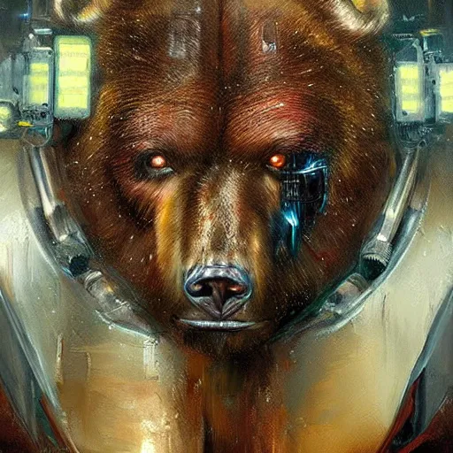 Prompt: stunning portrait of a brown bear, painting by Raymond Swanland, cyberpunk, sci-fi cybernetic implants hq