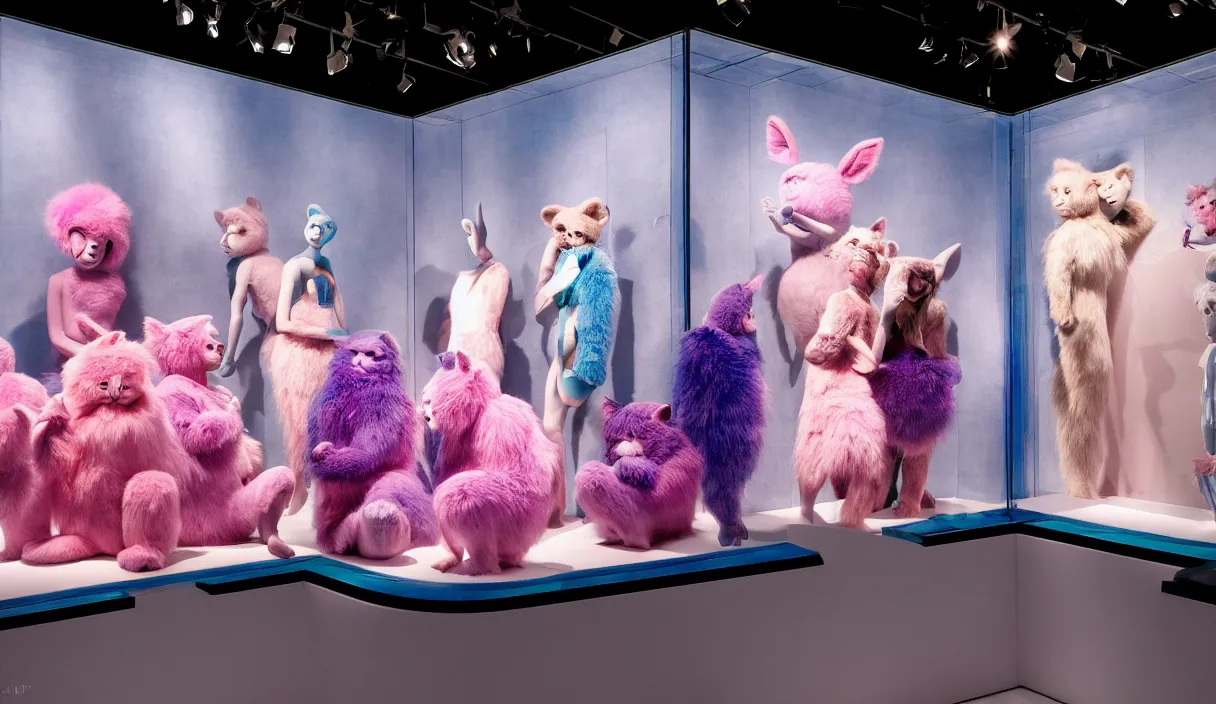 Image similar to diorama windowstore vitrine at the american museum of natural history, new york, of very realistic dissected in furry pink and blue and iridiscent teletubbies as furry animals, photography portrait aesthetic by guy bourdin, museum artifact