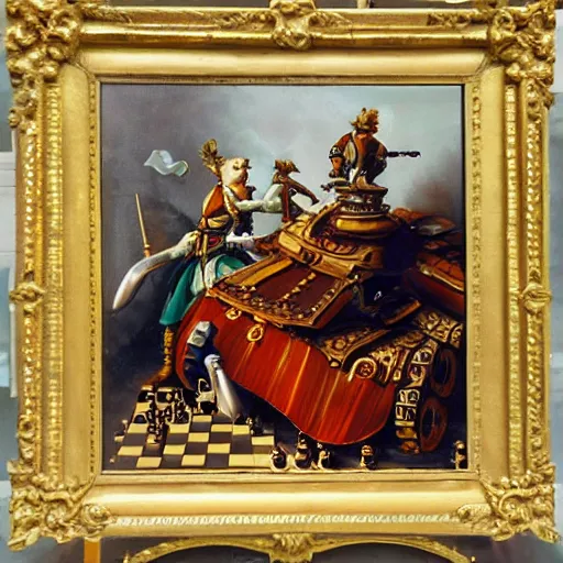 Prompt: tank playing chess looking wise, rococo oil painting, highly detailed