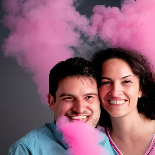 Prompt: a close up of a smiling couple of parents to be, 9 / 1 1 with pink smoke in the background