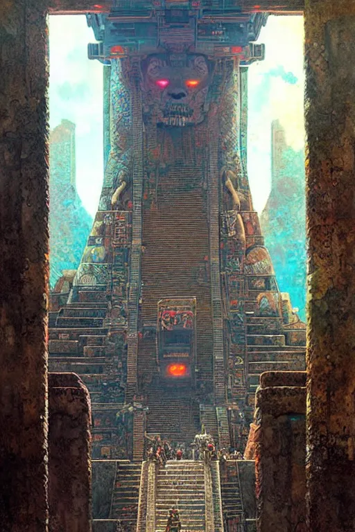 Image similar to cyberpunk mayan ancient chicheni tza , fantasy, painting by greg rutkowski and alphonse mucha