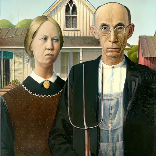 Image similar to the 'american gothic' painting, with long curly green hair painted over the man's head