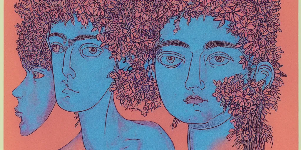 Prompt: risograph grainy drawing protagonist face, pastel colors, with huge piersing, face covered with plants and flowers, by moebius and satisho kon and dirk dzimirsky close - up portrait, perfect blue, paprika