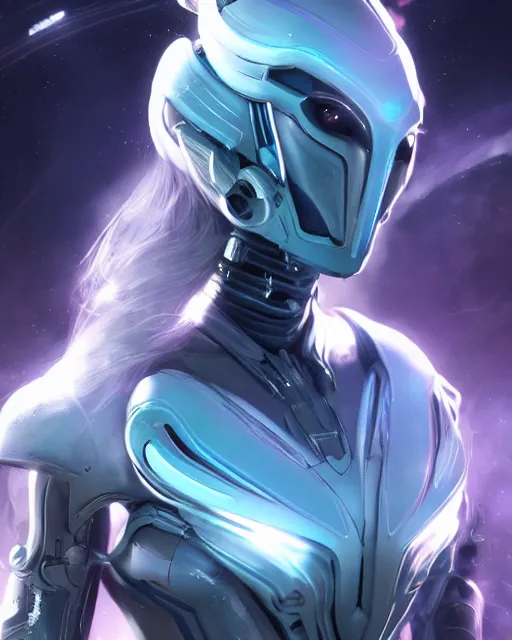 Image similar to perfect android girl on a mothership, warframe armor, beautiful face, scifi, futuristic, galaxy, nebula, raytracing, dreamy, long white hair, blue cyborg eyes, sharp focus, cinematic lighting, highly detailed, artstation, divine, by gauthier leblanc, kazuya takahashi, huifeng huang