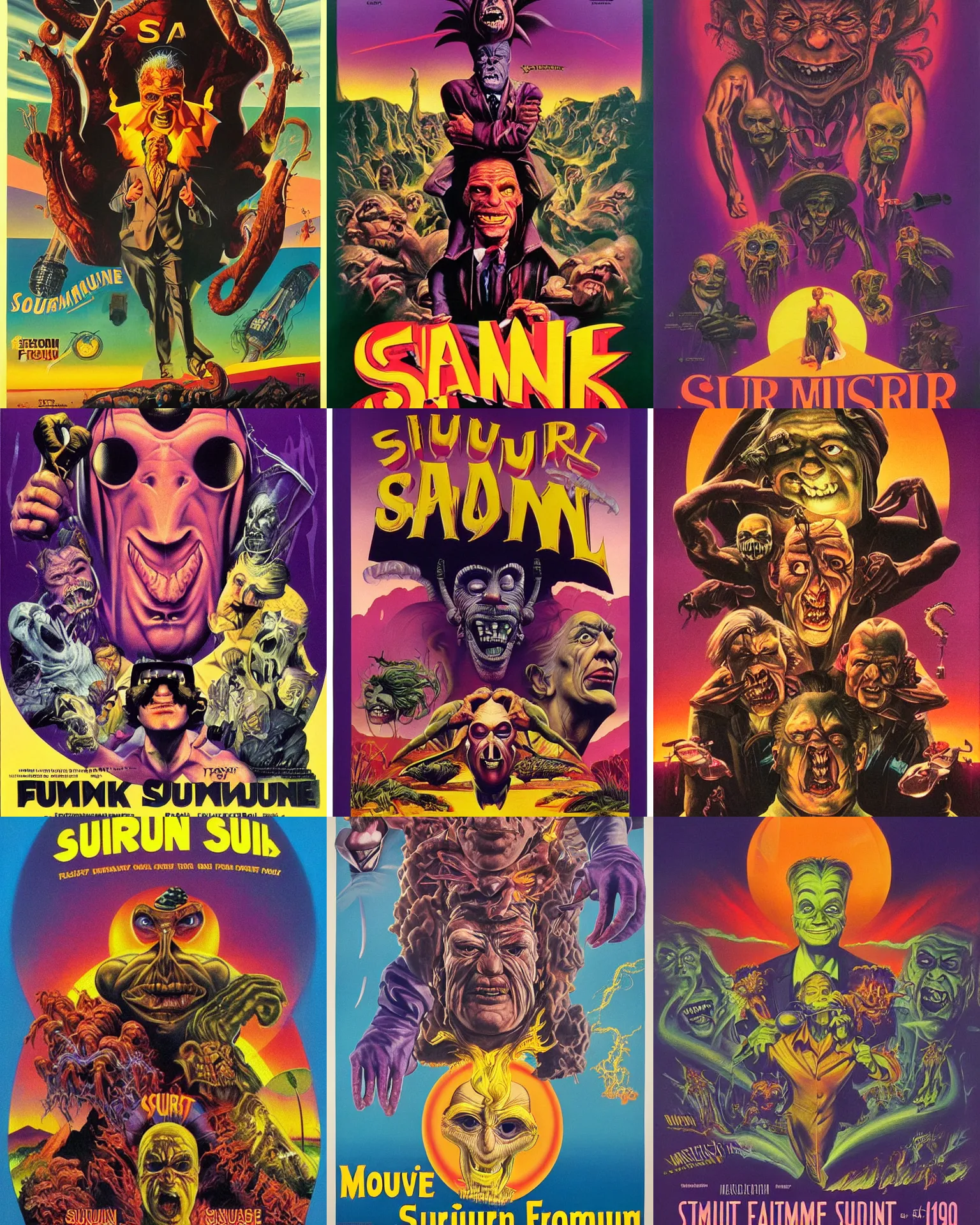 Prompt: movie poster for'serum formula sunrise'( 1 9 8 9 ) ( hyperreal detailed facial features and uv lighting, art by ed roth, frank frazetta, glenn fabry and basil wolverton, purple accents directed by david cronenberg )