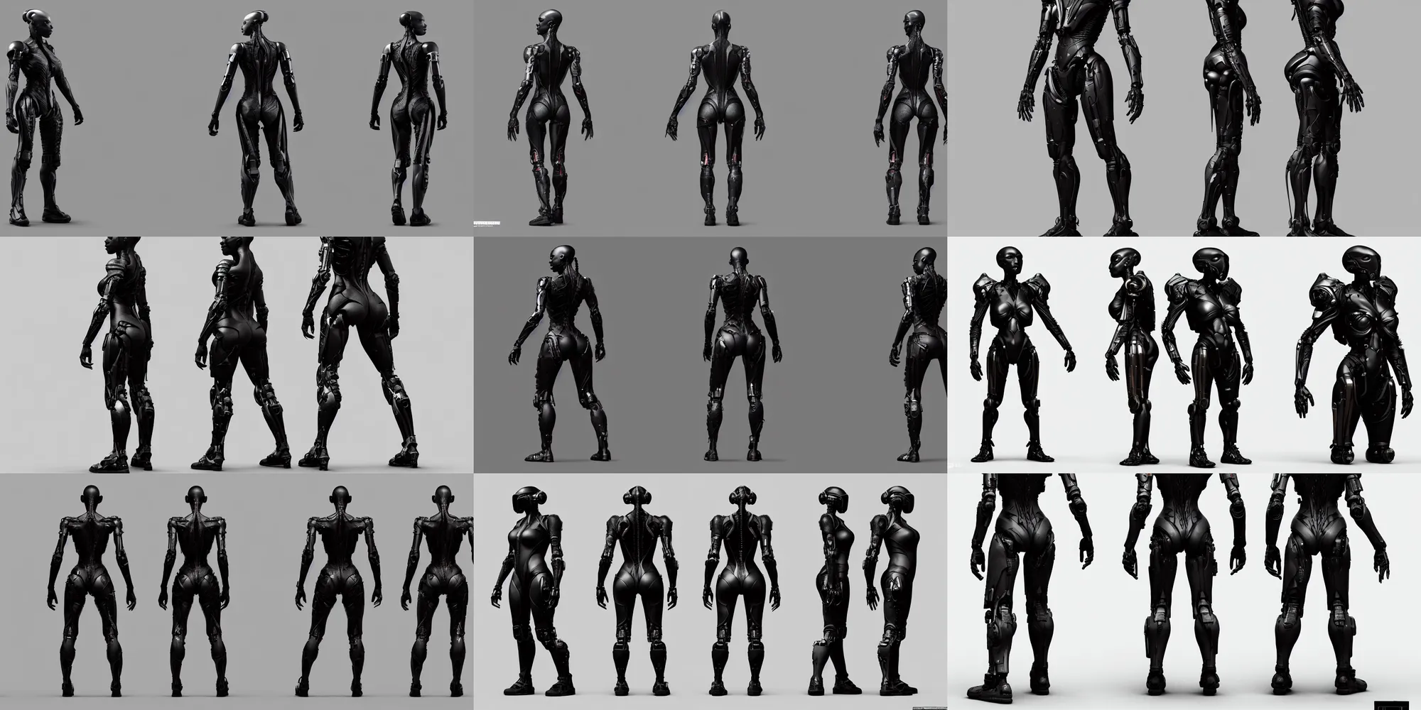 Prompt: A badass black cyborg by weta digital workshop, character model sheet, front view side view back view, detailed skin, simpe hands, short hair, arnold 3 materials, octane render and unreal engine 5, sidefx houdini, white background, studio lighting, trending in Artstation and CGSociety, by Artgerm and Alphonse Mucha and zaha hadid