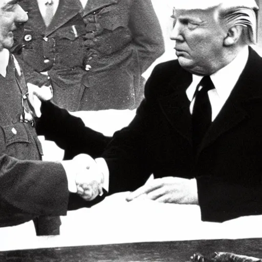 Prompt: donald trump and adolf hitler shaking hands, photography, hyper realism, germany, ww2, 8k,