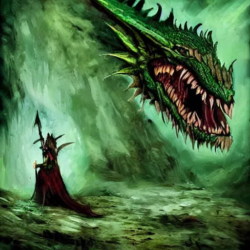 Prompt: fairy tale, painting, large green dragon!!!, venomfang, dnd, inside a dungeon, realistic, dungeons and dragons, cinematic composition, kodachrome, practical effect