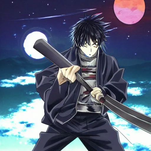 anime drifters man with large samurai sword at night, Stable Diffusion