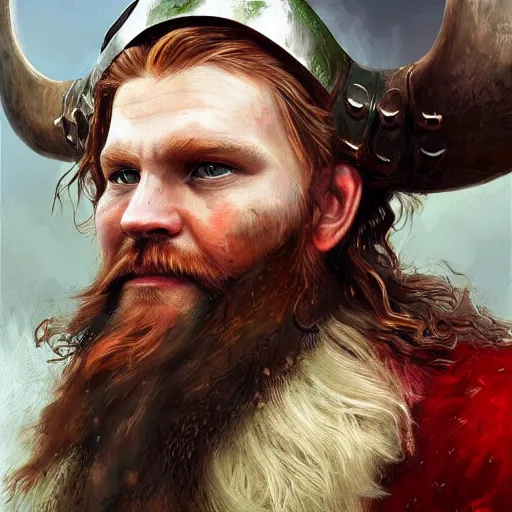 Image similar to photorealistic painting of Viking captain, helmet with horns, red long beard, long dark blonde curly hairs, green eyes Viking armor, background rough sea, elegant, painting, style of ruan jia, trending on artwork station, digital painting, sharp focus