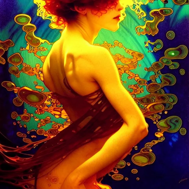 Image similar to mind bending indigo waves of glossy psychedelic liquid honey flowing like kaleidoscopic translucent amber, lsd waves, honey ripples, dramatic professional sunset, refracted lighting, art by collier, albert aublet, krenz cushart, artem demura, alphonse mucha