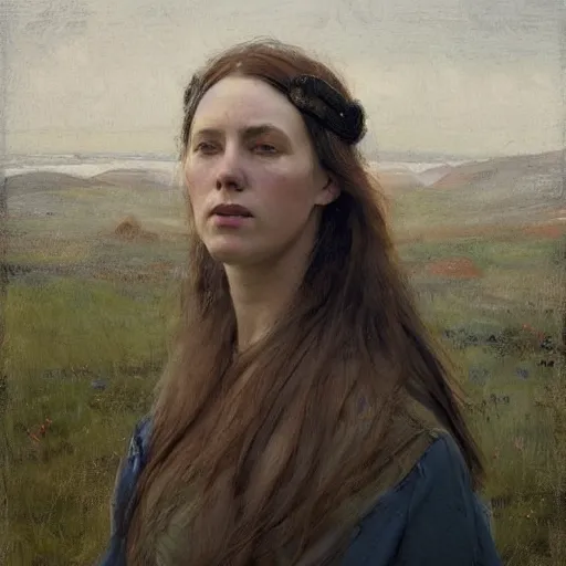 Prompt: Richard Schmid and Jeremy Lipking full length head and body portrait painting of A shield-maiden (Old Norse: skjoldmø [ˈskjɑldˌmɛːz̠]) was a female warrior from Scandinavian folklore and mythology. Shield-maidens are often mentioned in sagas such as Hervarar saga ok Heiðreks and in Gesta Danorum. They also appear in stories of other Germanic peoples: Goths, Cimbri, and Marcomanni.[1] The mythical Valkyries may have been based on such shield-maidens. She carries a shield on one arm, and a spear in her other hand